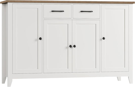 55" Buffet Cabinet with Storage, Kitchen Buffet Sideboard with Drawers, Large Storage Cabinet with Doors and Shelves, Modern Farmhouse Coffee Bar for Kitchen, Dining Room, Living Room, White