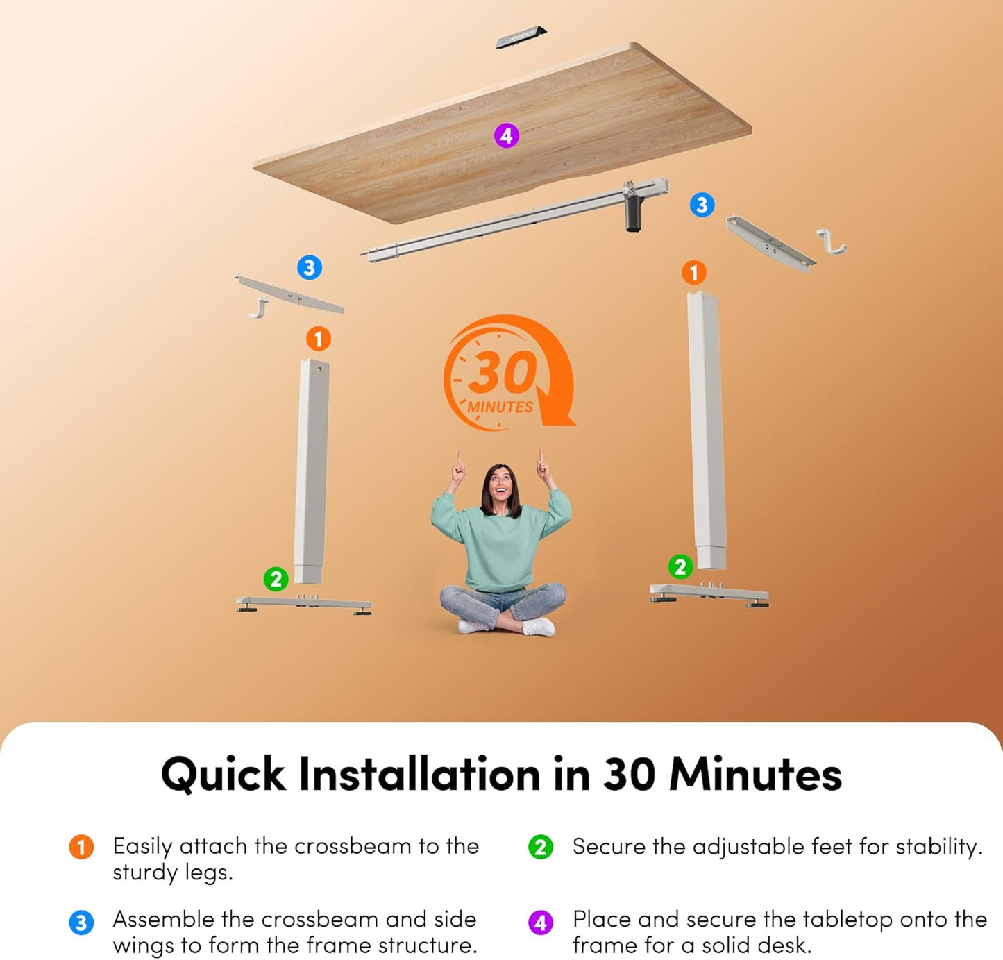 Standing Desk, 48 × 24 Inches Electric Height Adjustable, Sit and Stand Up, Computer Office Desk with Splice Board, White Frame/Maple TOP