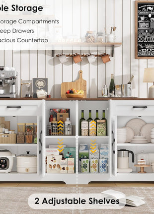 71” Large Farmhouse Sideboard Buffet Cabinet with Adjustable Shelves and 6 Barn Doors, Wood Console Table for Kitchen and Dining Room, White Finish