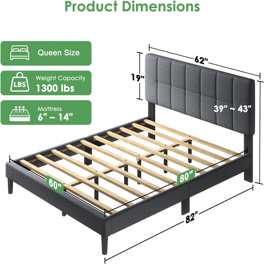 Queen Size Bed Frame - Upholstered, Adjustable Headboard,6"-12" Mattress Fit, 1300 Lbs Capacity, Sturdy 12-Leg Wood Construction, Easy Assembly, Dark Gray