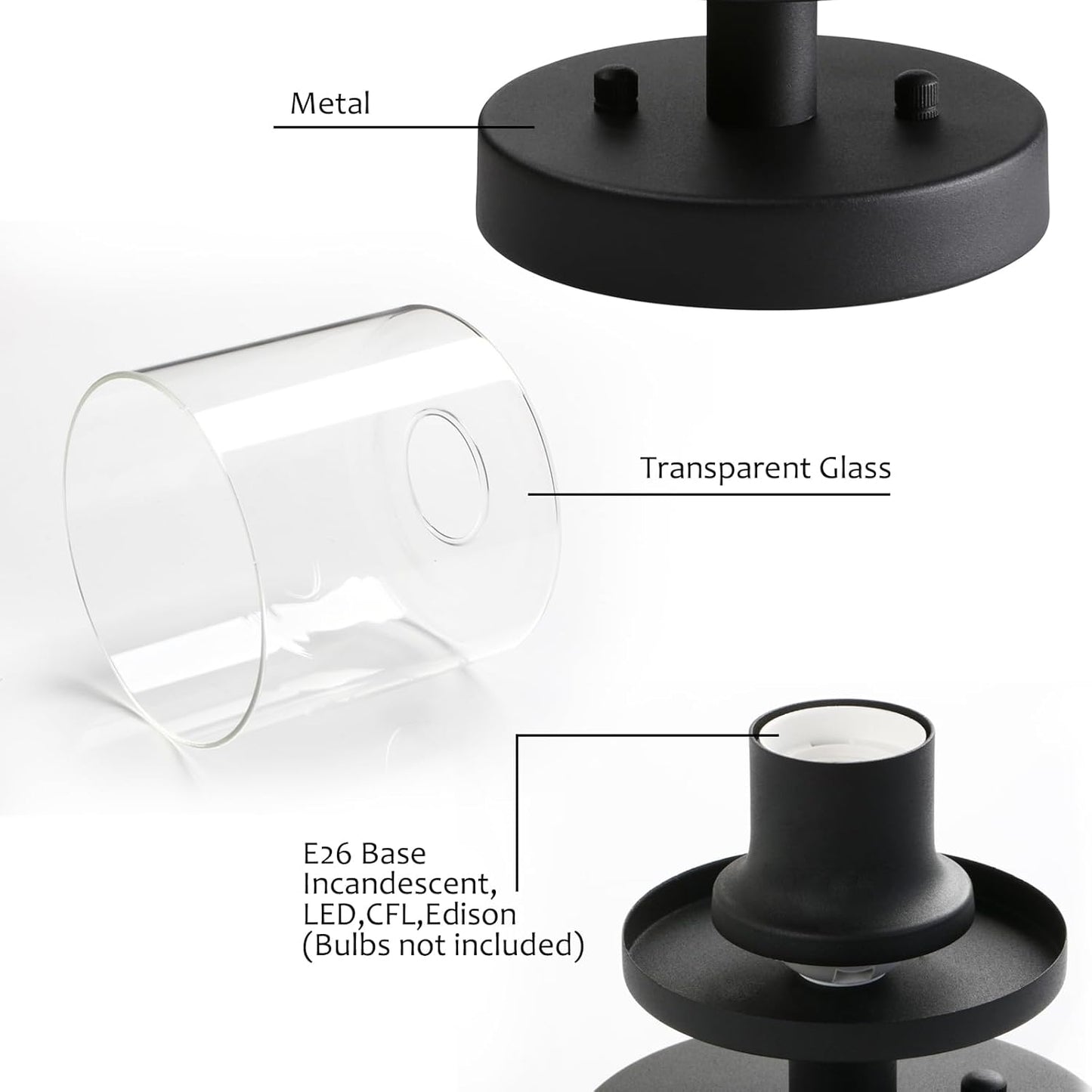 2-Light Semi Flush Mount Ceiling Light, Industrial Pendant Lighting Fixture with Glass Shade, Ceiling Chandelier Lamp for Hallway Loft Kitchen Bar