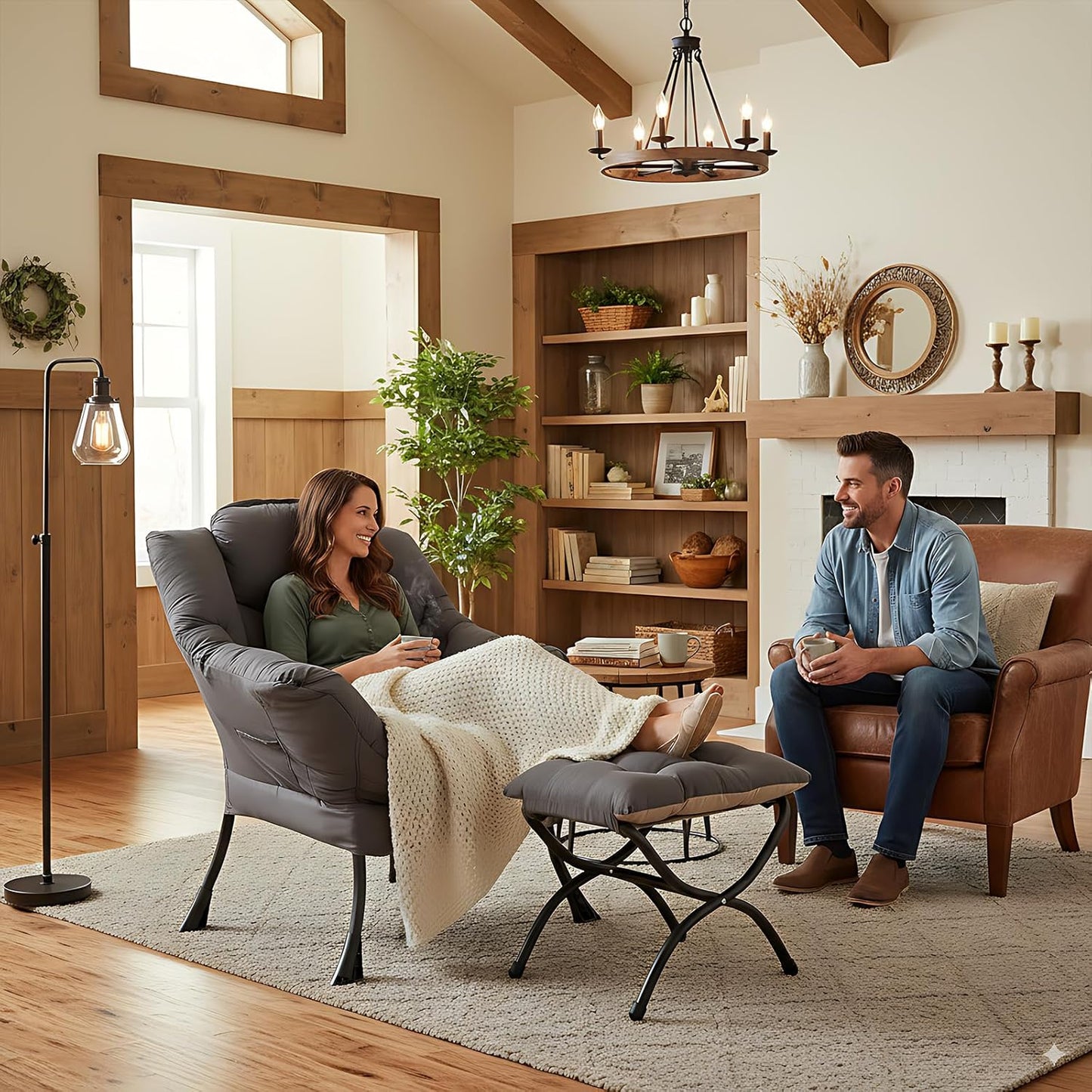 Lazy Chair with Ottoman, Modern Accent Leisure Upholstered Lazy Sofa Armchair, Contemporary Lounge Reading Chair with Armrests and a Side Pocket for Living Room, Bedroom & Small Space, Dark Grey