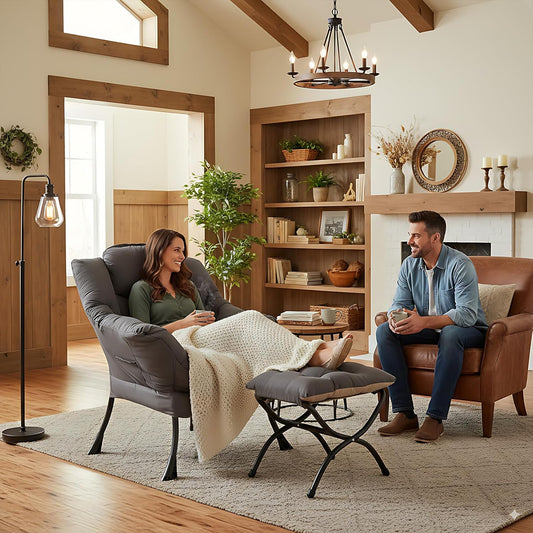 Lazy Chair with Ottoman, Modern Accent Leisure Upholstered Lazy Sofa Armchair, Contemporary Lounge Reading Chair with Armrests and a Side Pocket for Living Room, Bedroom & Small Space, Dark Grey