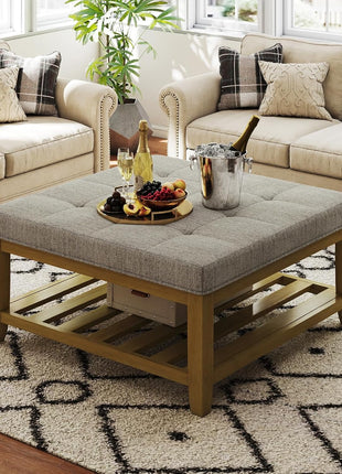 Large Square Ottoman Coffee Table with Solid Wood Shelf Storage and Upholstered Linen Footrest, Tufted Design for Living Room and Bedroom