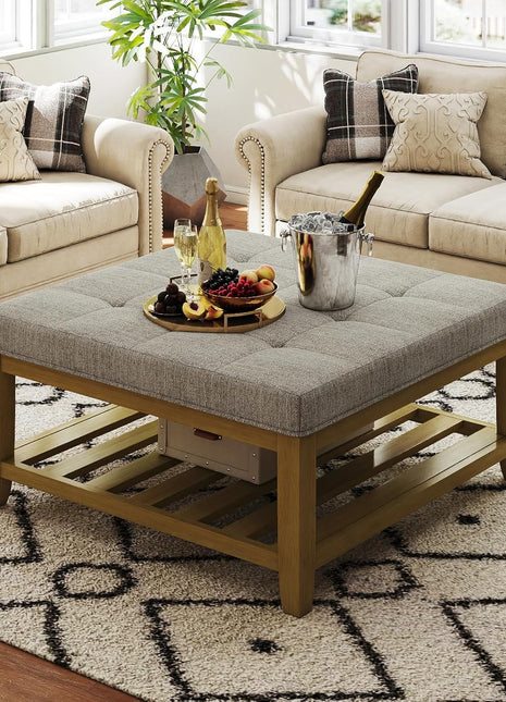 Large Square Ottoman Coffee Table with Solid Wood Shelf Storage and Upholstered Linen Footrest, Tufted Design for Living Room and Bedroom