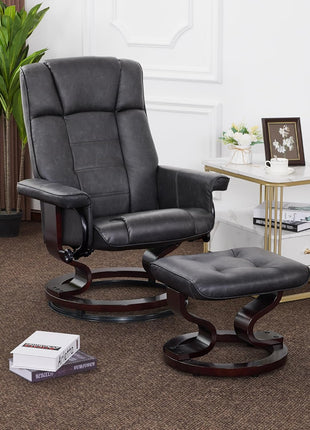 Manual Swivel Recliner and Ottoman Set for Compact Spaces - Dark Grey Faux Leather for Living Room, Bedroom, and Office