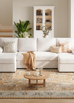 112-Inch U-Shaped Sectional Sofa | Contemporary Cloud Couch with Double Chaise | Four-Seater Corduroy Sofa for Apartments | Warm White | Durable Iron Frame with Squeak-Free Design | Supports up to 1200 lbs