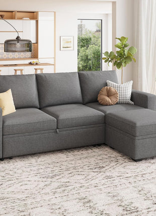 Elegant L-Shaped Modular Sectional Sleeper Sofa with Pull-Out Bed and Integrated Storage in Dark Grey