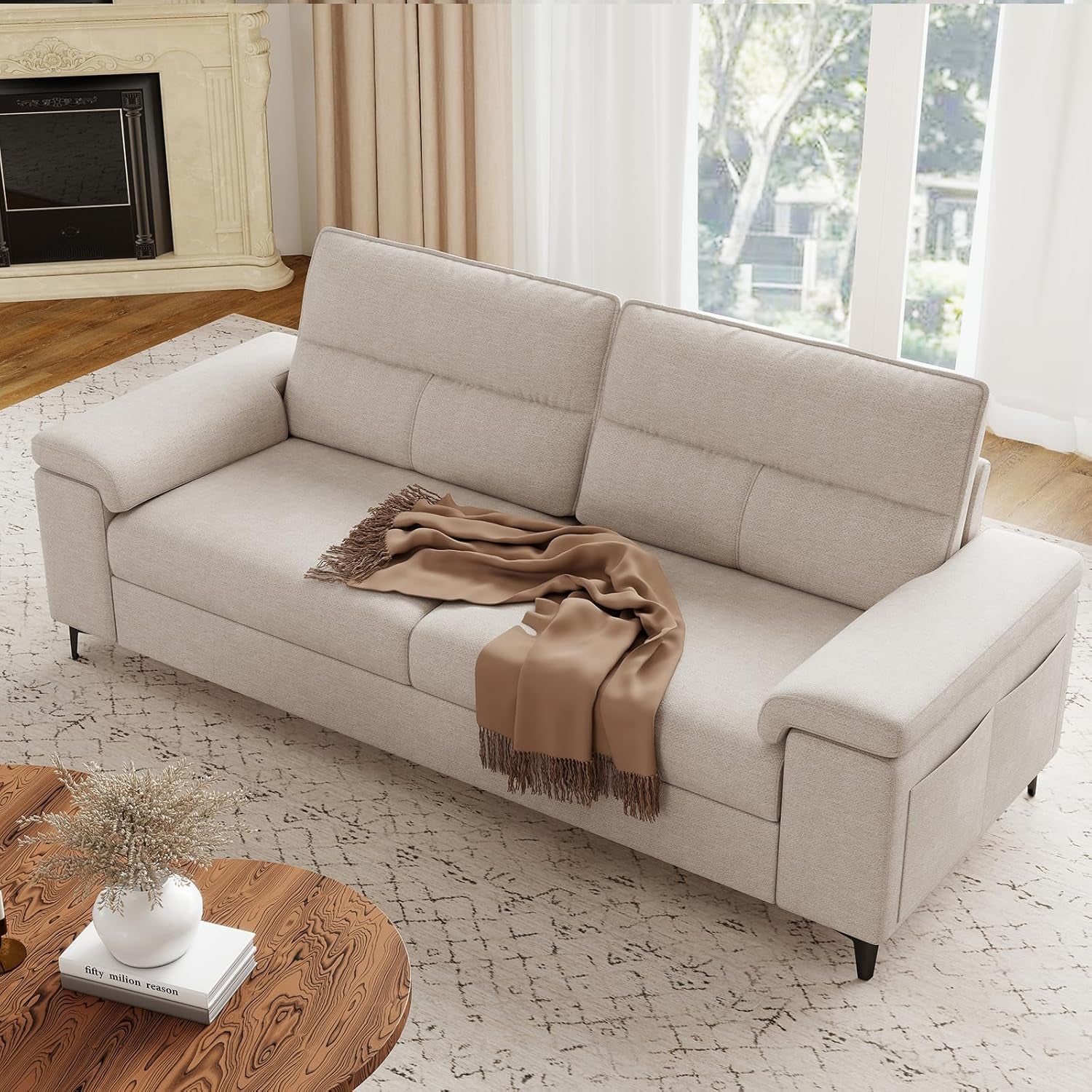 88.97" Modern Couches for Living Room, Deep Seat Sofa with 8”Cushion, Comfy 2-Seater Chenille Loveseat Sofa with Convertible Armrest, Removable Sofa Cover, High Leg (Beige)