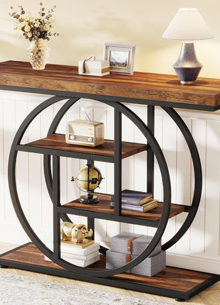 41.3" Industrial Console Table with Circular Base, 4-Tier Narrow Wood Accent Table Featuring Storage Shelves for Living Room, Hallway, and Foyer in Rustic Brown
