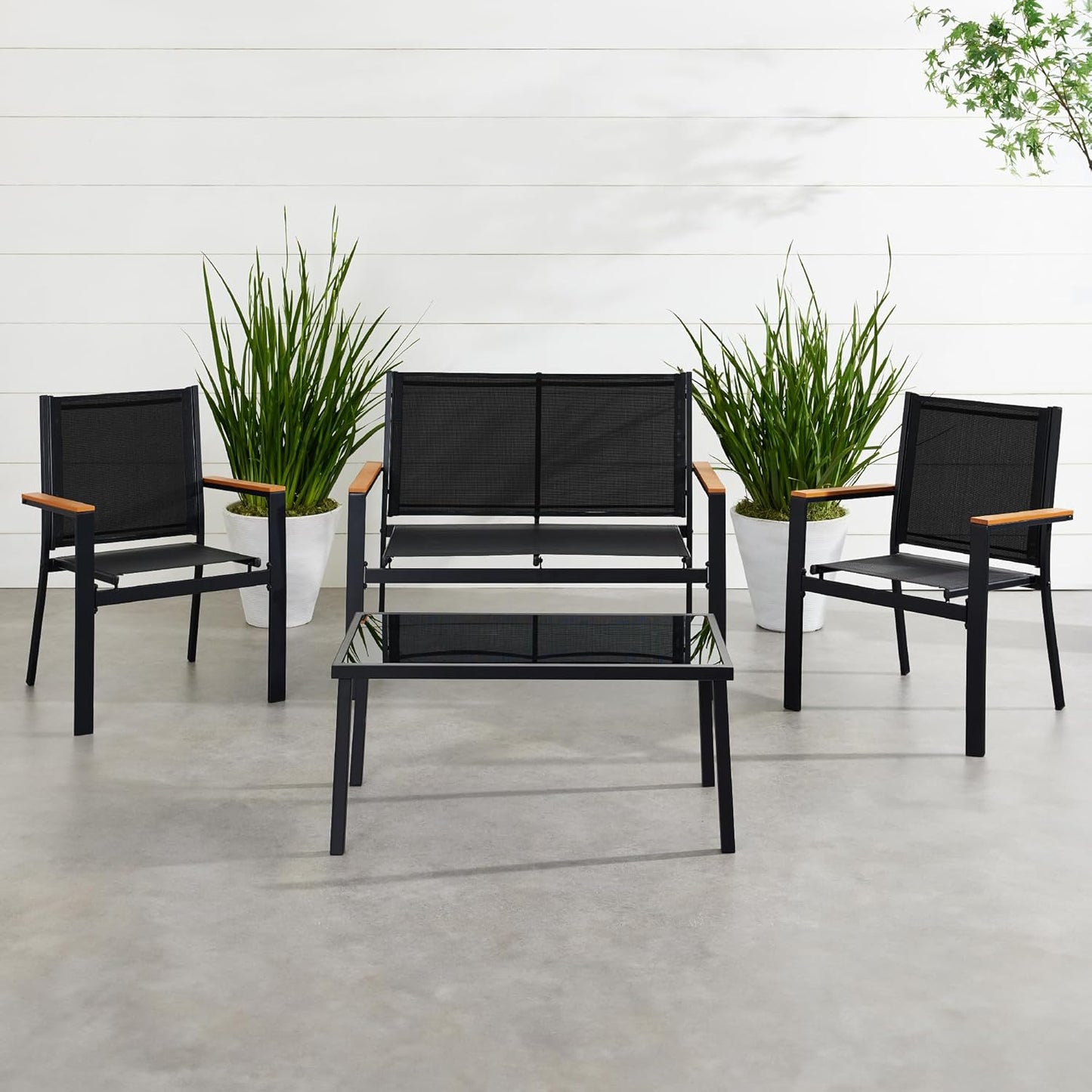 4-Piece Outdoor Textilene Patio Conversation Set, Backyard Furniture W/Loveseat, Coffee Table, Steel Frame - Black/Black