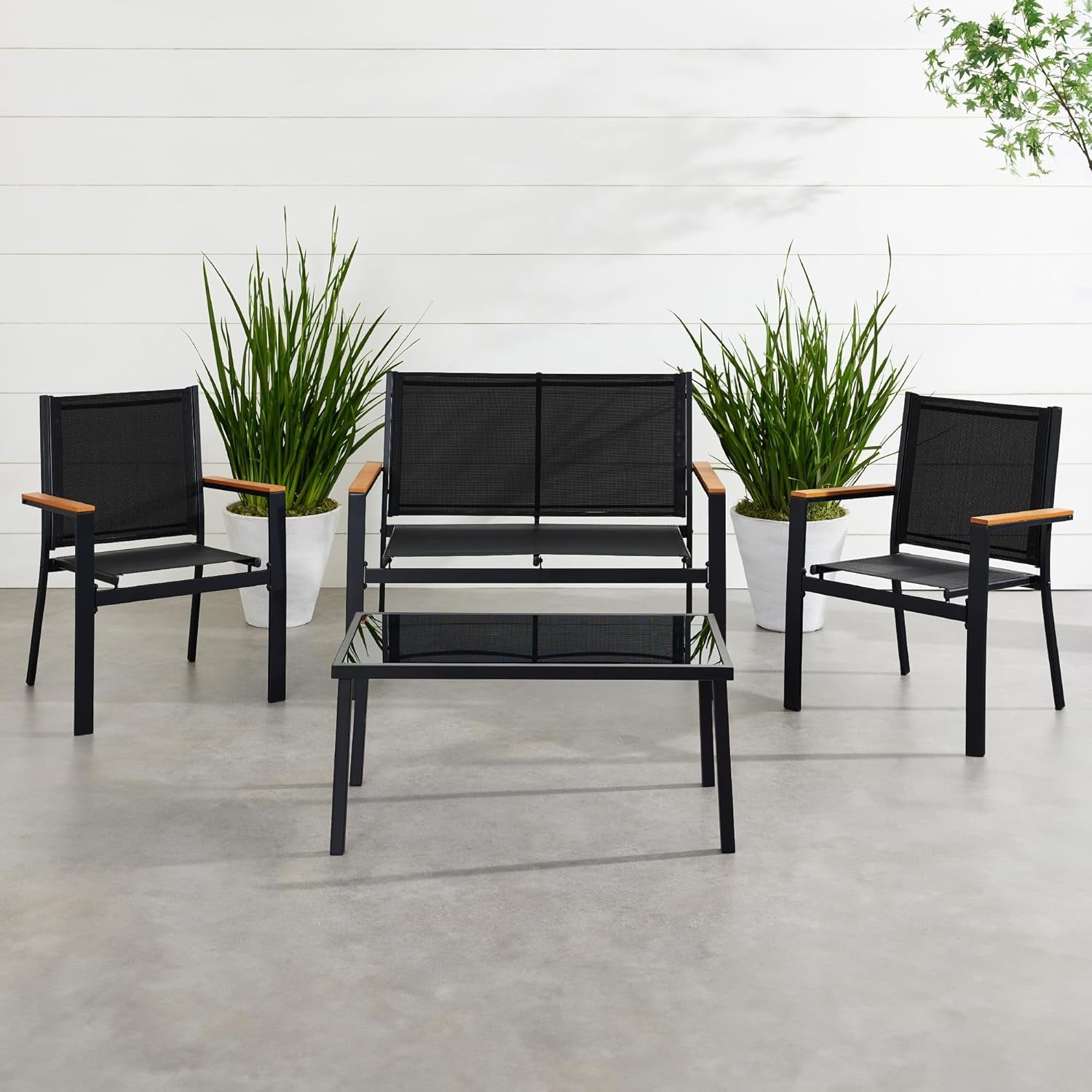 4-Piece Outdoor Textilene Patio Conversation Set, Backyard Furniture W/Loveseat, Coffee Table, Steel Frame - Black/Black