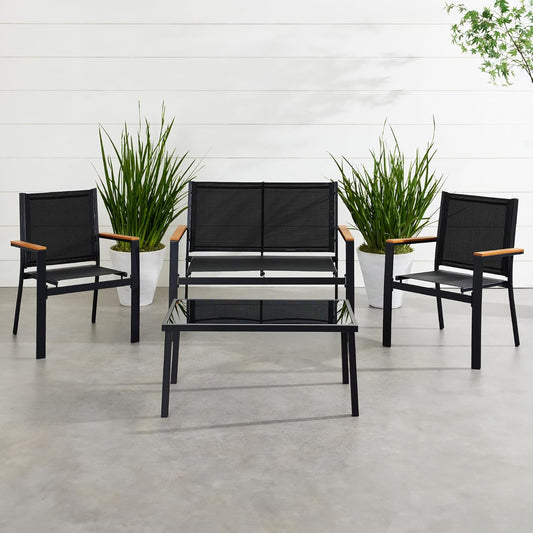 4-Piece Outdoor Textilene Patio Conversation Set, Backyard Furniture W/Loveseat, Coffee Table, Steel Frame - Black/Black