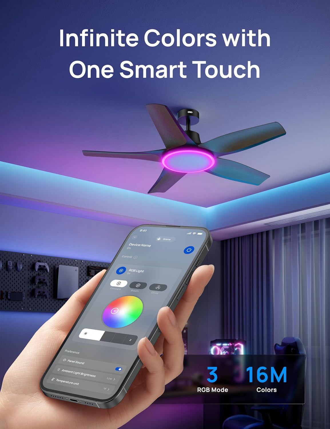 Smart Ceiling Fans with Lights, Low Profile Ceiling Fan with Alexa/App, 52'' Dimmable Lighting & Color Tuning, RGB Ambient Light for Living Room, Game Room, Easy Installation, Quiet, Black