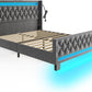 Queen Bed Frame with LED Light and Charging Station, Upholstered High Headboard and Footboard, Wood Slats, Noise Free, Easy Assembly, Grey