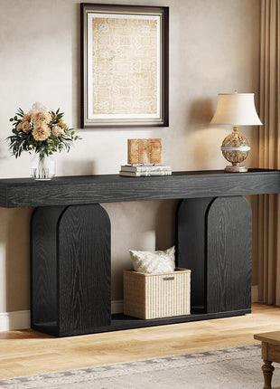 70.9-Inch Extra Long Farmhouse Console Table with Wooden Frame and Storage Shelf, 2-Tier Sofa Table for Living Room, Hallway, and Foyer in Black