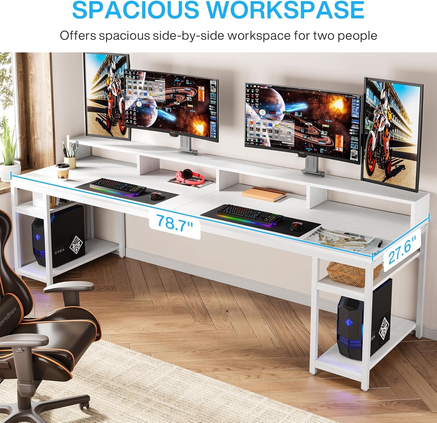 Two Person Desk with Monitor Stand, 78.74" Long Double Computer Office Desk with Storage Shelves, Large Gaming Desk Study Writing Table Workstation for Home Office (White)