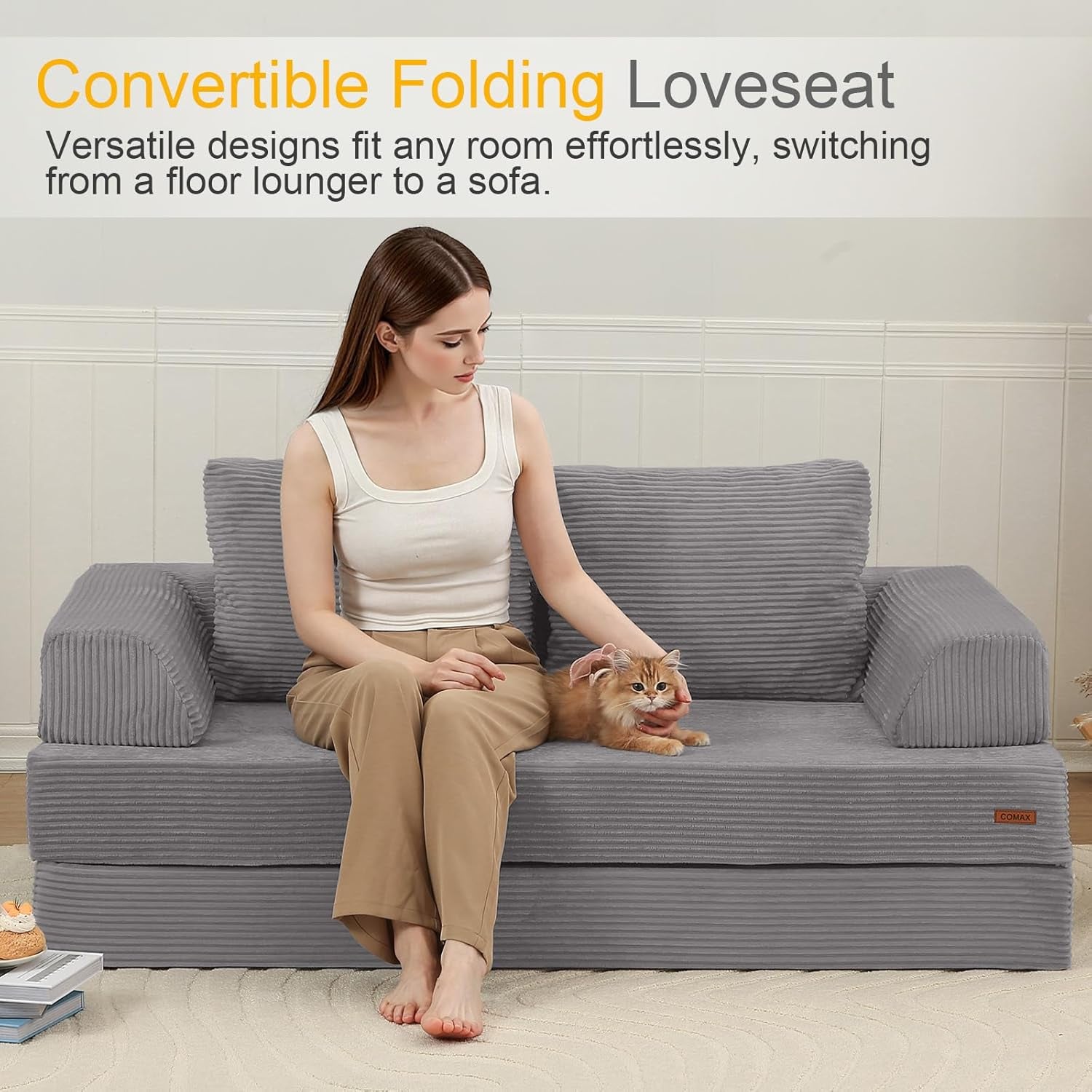 Futon Sofa Bed, Convertible Folding Sofa Bed, Boneless Couch Loveseat Corduroy with Pillows, Small Foldable Floor Couch Comfy Lounge Sleeper for Living Room Bedroom, Light Grey