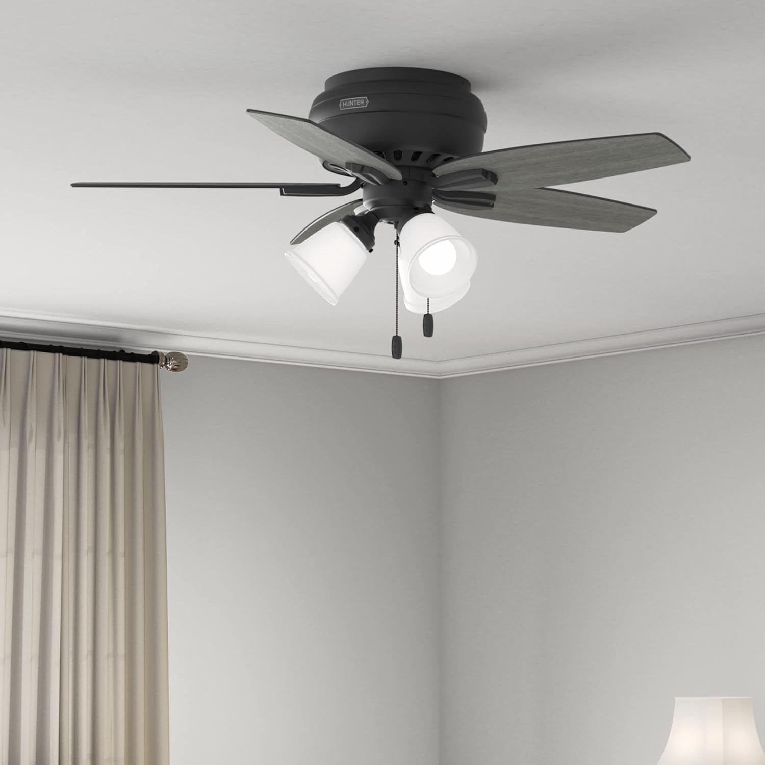 42 Inch Indoor Ceiling Fan with LED Lights - Black Ceiling Fan with Pull Chain, for Bedroom or Living Room, Low Profile Mount, No Remote, 5 Blades, Includes Bulbs - Newsome 52393, Matte Black