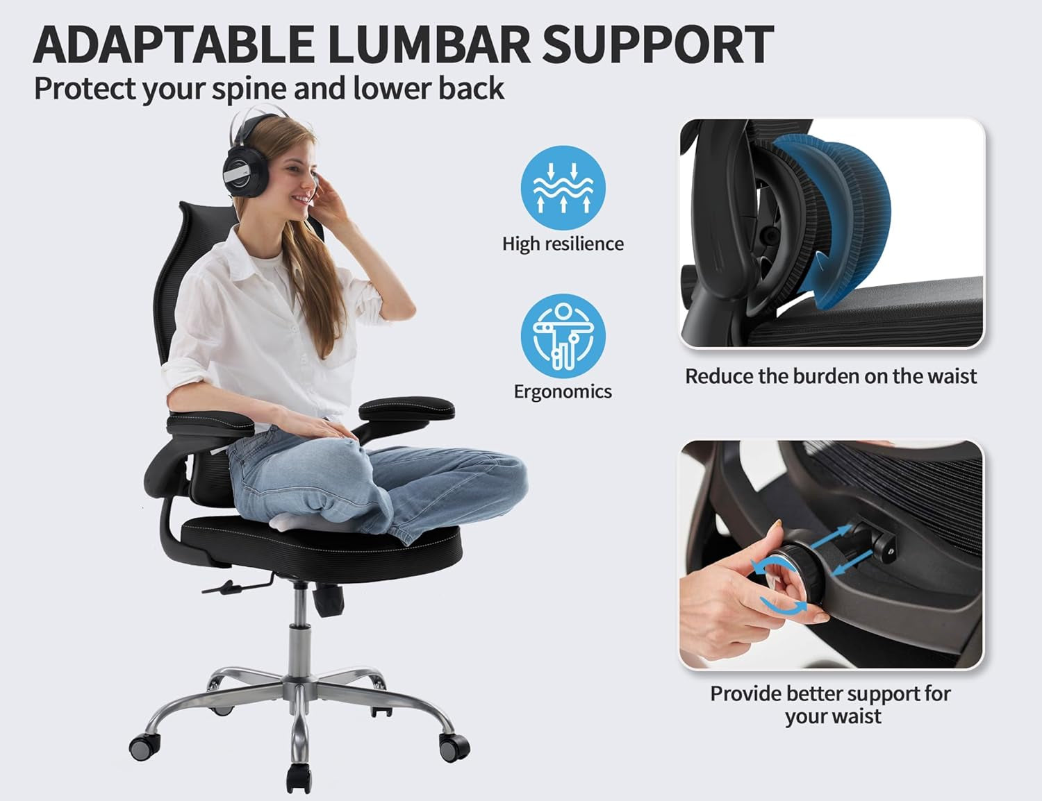 Ergonomic Office Chair - Desk Chair with Wave High Back Adjustable Lumbar Support Computer Chair - Gaming Chairs Mesh Backrest and PU Leather Seat for Home Reading Chairs to Adults(Black)