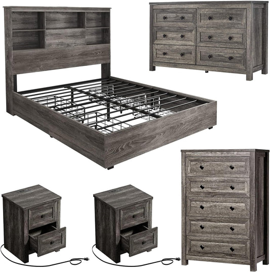 5-Piece Farmhouse Bedroom Set, 1 X Queen Size Bed Frame, 1 X 5 Drawer Dresser, 1 X Wood Rustic 6 Drawer Storage Dresser, Nightstand Set of 2 with Charging Station, Bedroom Furniture Set, Grey