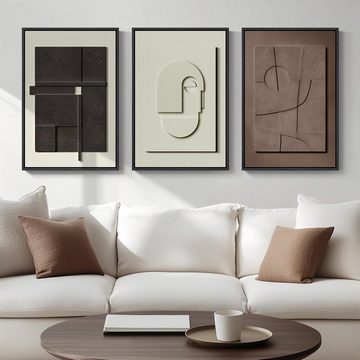 3D Textured Framed Abstract Wall Art, 3 Piece Modern Paintings Artwork for Walls, Black White Brown Geometric Sandstone Texture Pictures for Living Room Dining Room Bedroom Office Wall Decor 16X24 In