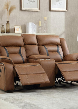 Faux Leather Dual Reclining Loveseat Sofa with Center Console, Hidden Storage, and Cup Holders - Brown