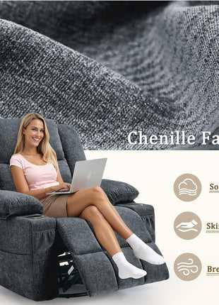 360° Swivel Rocker Recliner Chair for Adults with Massage and Heating Function, Nursery Glider Recliner Featuring Cup Holder, Manual Recliner for Living Room and Bedroom (Fabric, Dark Gray)