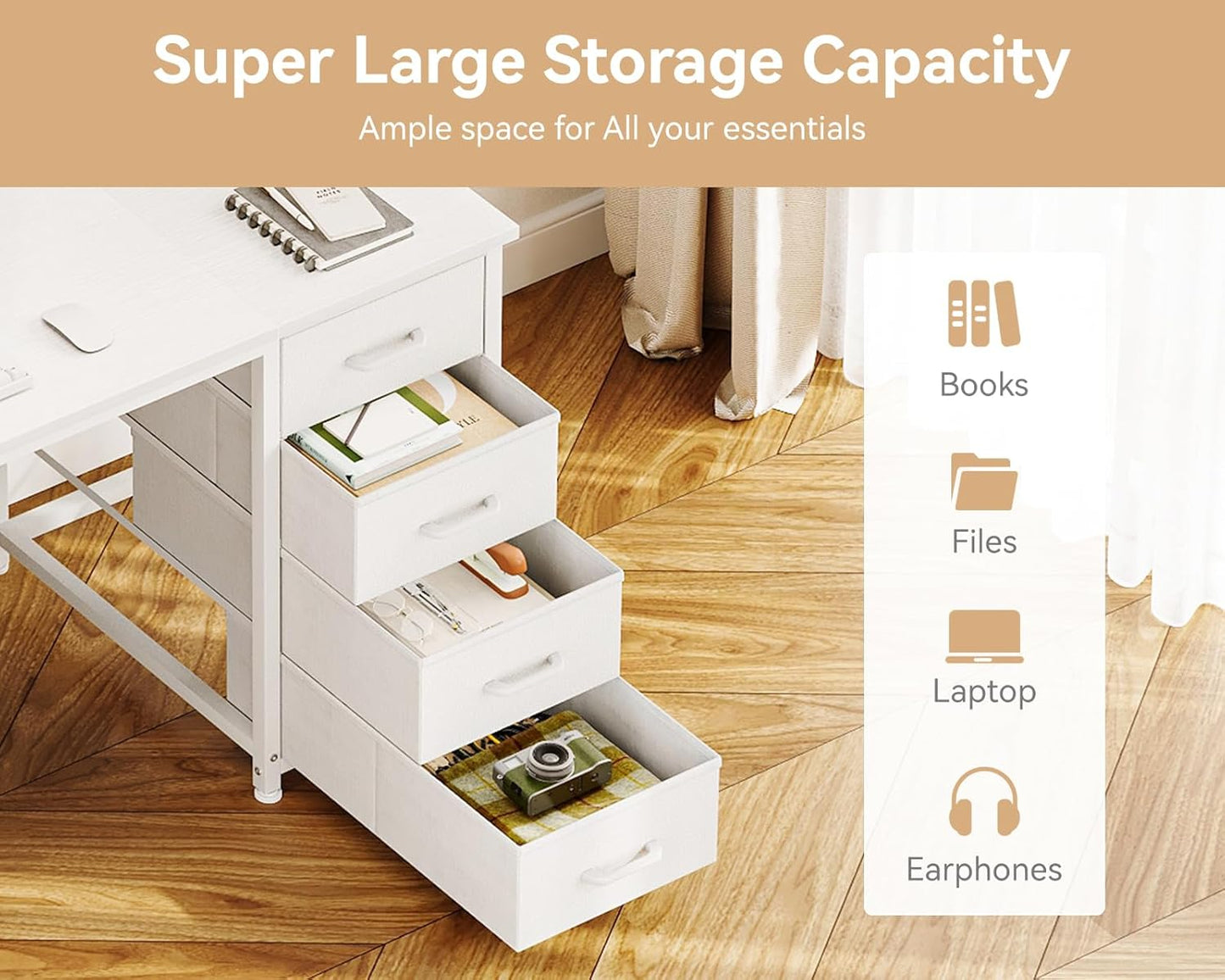 48 Inches Computer Desk with 8 Fabric Drawers, Modern Office Desk with Large Storage for Home Office, Study, White