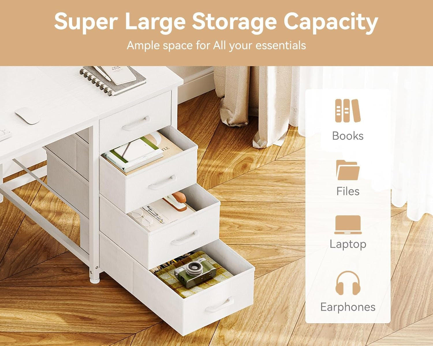 48 Inches Computer Desk with 8 Fabric Drawers, Modern Office Desk with Large Storage for Home Office, Study, White