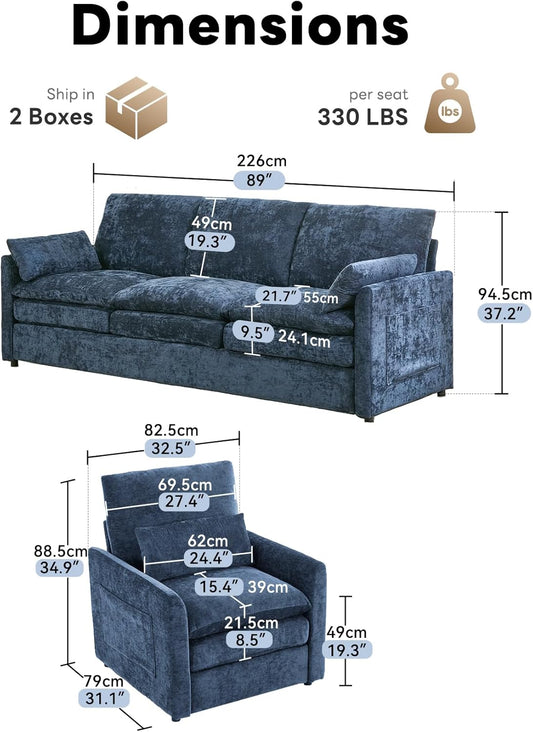 Living Room Furniture Set, Standard Sofa & Accent Chair, Modern Comfy Cloud Sofa Set, Spring Seat Cushions, Chenille Fabric, Blue | Ultra Soft Cushions, Dual-Layered Cushion, Pocket Spring, Cloud Comfort, Premium Chenille