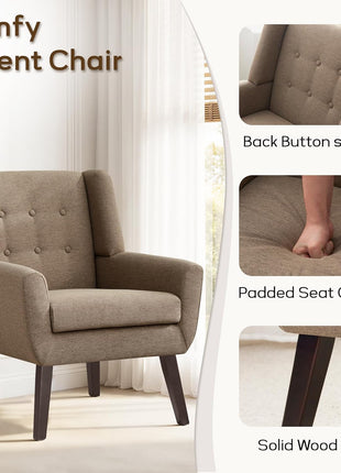 Set of 2 Mid-Century Modern Upholstered Accent Chairs with Button-Tufting and Wooden Legs, Linen Fabric, Brown - Ideal for Living Room and Bedroom