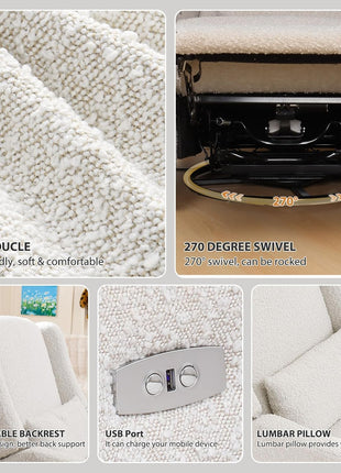 Professional Power Recliner Chair with Swivel Glider Functionality, Large Boucle Upholstered Rocker Recliner with USB Charging Port for Nursery, Bedroom, and Living Room, Cream
