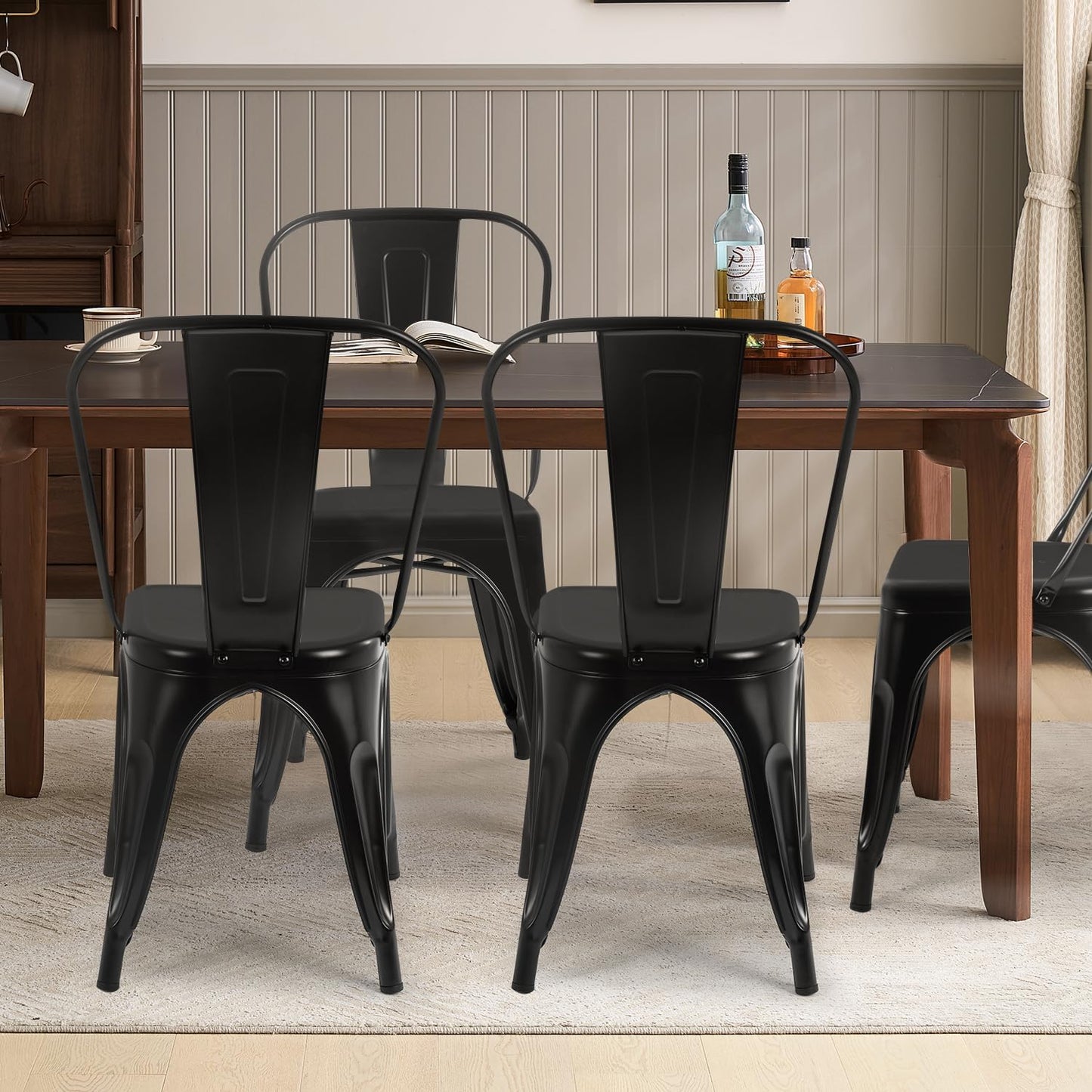 | Metal Dining Chairs | Set of 4 | Black | Stackable Tolix Side Chairs with Backrest | Scratch-Resistant | Non-Slip Feet | Indoor/Outdoor Use | 330 Lbs Capacity | for Kitchen & Restaurant