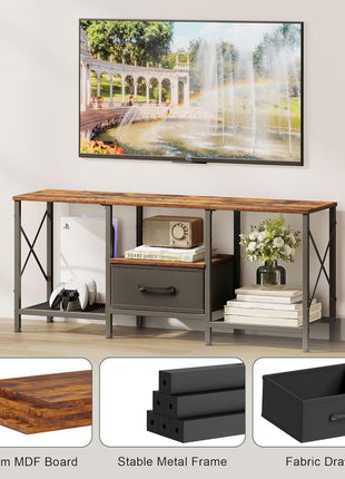 Industrial TV Stand with Fabric Drawer - Rustic Brown Entertainment Center for 50-55 Inch TVs with Open Storage Shelves for Living Room and Bedroom