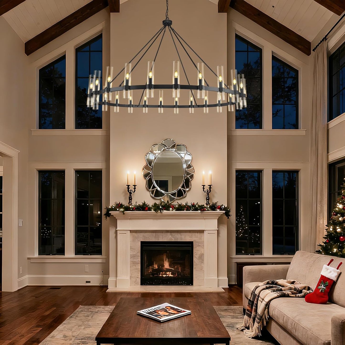 Black Wagon Wheel Chandelier 70 Inch, Large Chandeliers for High Ceilings, 24-Light Chandelier with Glass Shade, Modern Farmhouse Chandeliers for Living Room, Dining Room and Foyer(24 Bulbs Included)