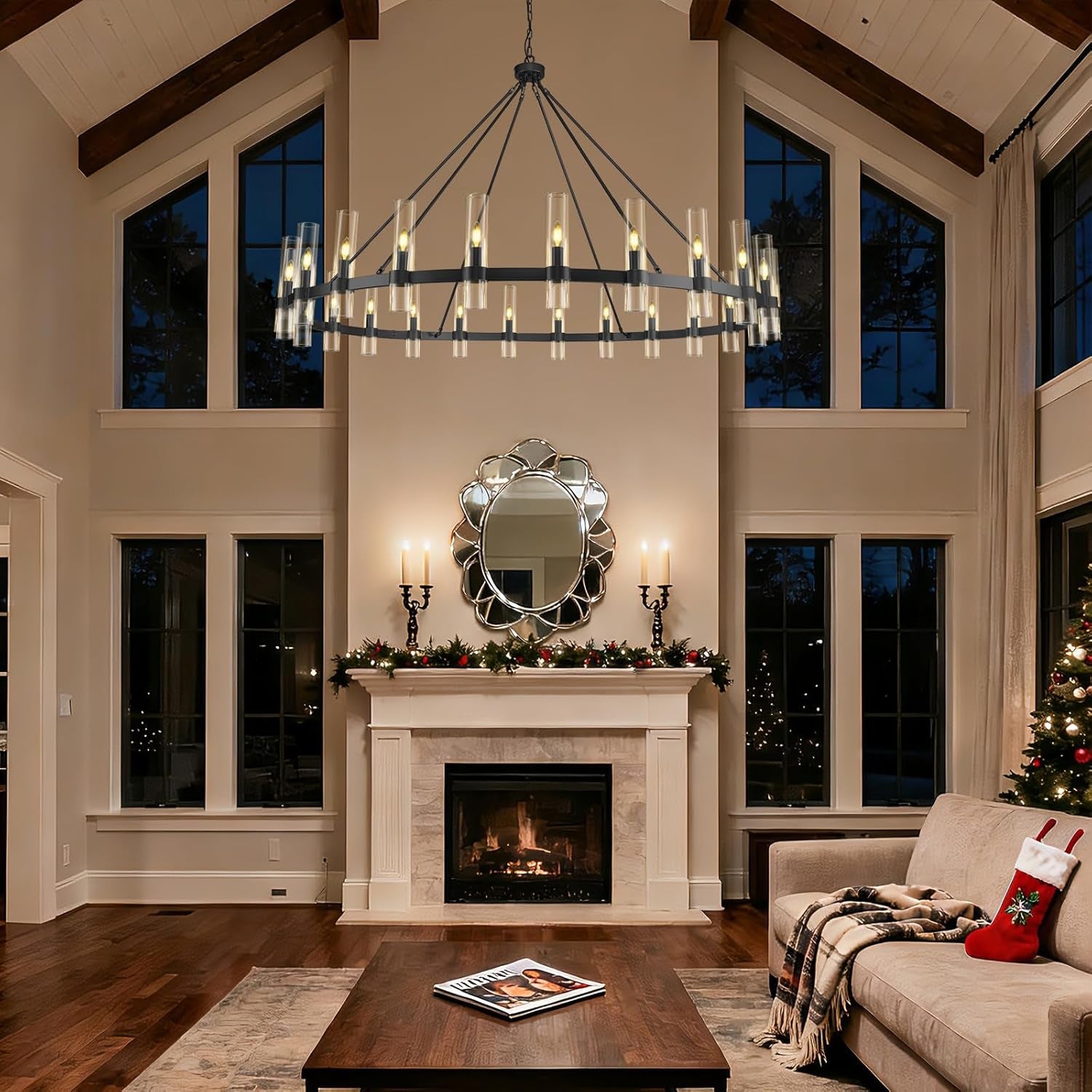 Black Wagon Wheel Chandelier 70 Inch, Large Chandeliers for High Ceilings, 24-Light Chandelier with Glass Shade, Modern Farmhouse Chandeliers for Living Room, Dining Room and Foyer(24 Bulbs Included)