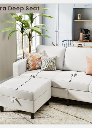 78-Inch L-Shaped Convertible Sectional Sofa with Storage Ottoman, Pet-Friendly Linen Fabric, Ideal for Small Spaces and Apartments