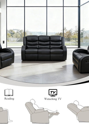 3-Piece Leather Sectional Recliner Sofa Set for Living Room and Office in Deep Black