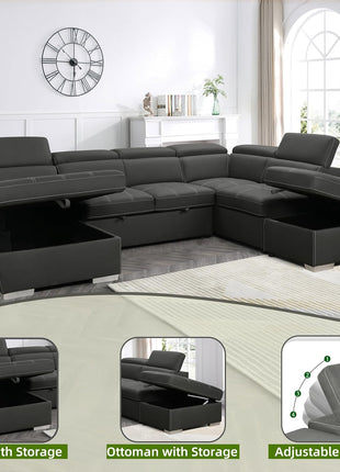 Stylish 127-Inch Charcoal Grey Microfiber U-Shaped Sectional Sofa with Pullout Bed, 7 Seats, Adjustable Headrests, Storage Chaise, and Ottoman – Effortless Assembly, Breathable, High-Quality Design for Modern Living Rooms