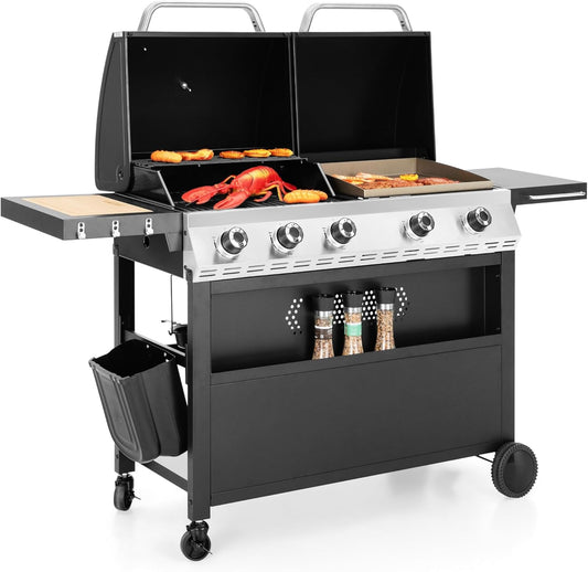 Propane Gas Griddle Grill Combo with Porcelain-Enameled Cast Iron Grate & Cast Iron Pan, Dual BBQ Grill with Flat Top Griddle for Outdoor Kitchen & Backyard Barbecue,696 SQIN Cook Area