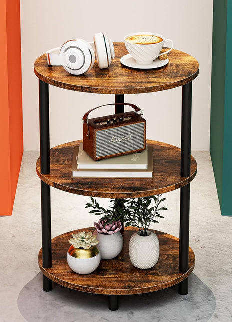 Round Pedestal End Table - 3-Tier Oval Accent Table for Small Spaces, Rustic Wood and Metal Design, Versatile Nightstand for Bedroom or Living Room, Easy Assembly, Rustic Brown Finish