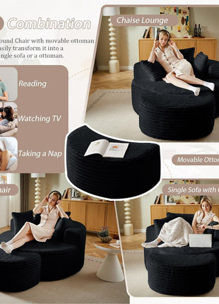 74.6" Oversized Round Chaise Lounge Chair with Ottoman - Fluffy Upholstered Corduroy Deep Seat Large Boneless Circle Sofa for Living Room and Bedroom, No Assembly Required, Black