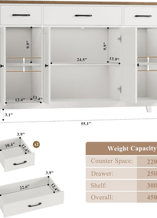 55-Inch Contemporary Farmhouse Buffet Cabinet with Drawers, Versatile Kitchen Storage Solution Featuring Adjustable Shelves, Perfect for Coffee Bar in Kitchen, Dining Room, or Living Room, White Finish