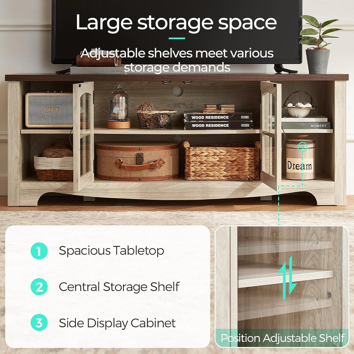 Farmhouse TV Stand for 65 Inch TV, Wood Entertainment Center with Glass Door Storage Cabinet & Adjustable Shelves, Large Sturdy TV Console Table for Living Room Bedroom