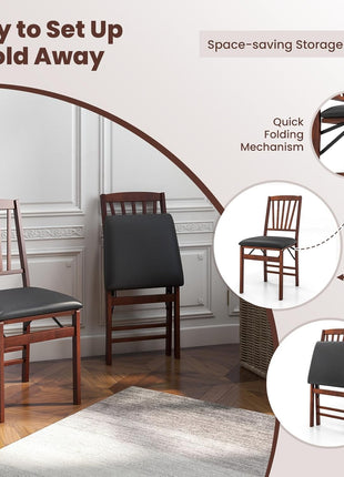 Set of 2 Folding Dining Chairs, Upholstered Wooden Chairs with PVC Padded Seat, Solid Wood Frame, 400LBS Capacity for Kitchen and Apartment (Black & Brown)