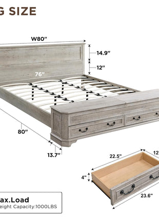 Rustic Wood Farmhouse King Bed with Headboard and Storage Bench, 80" Storage Chest with 4 Large Drawers in Light Rustic Oak
