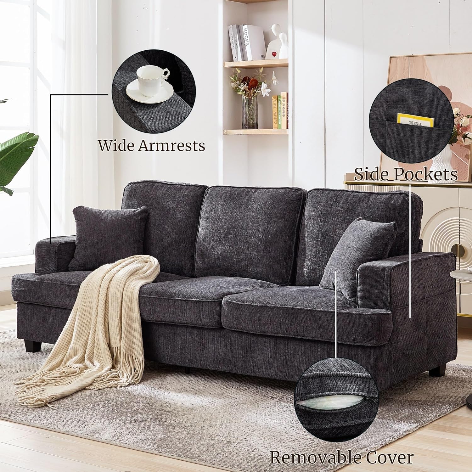 Couches for Living Room, 89 Inch Cloud Couch Sofa in Chenile with Extra Comfy Soft Deep Seats, Modern 3 Seater Sofas for Living Room Bedroom Office Apartment, Grey