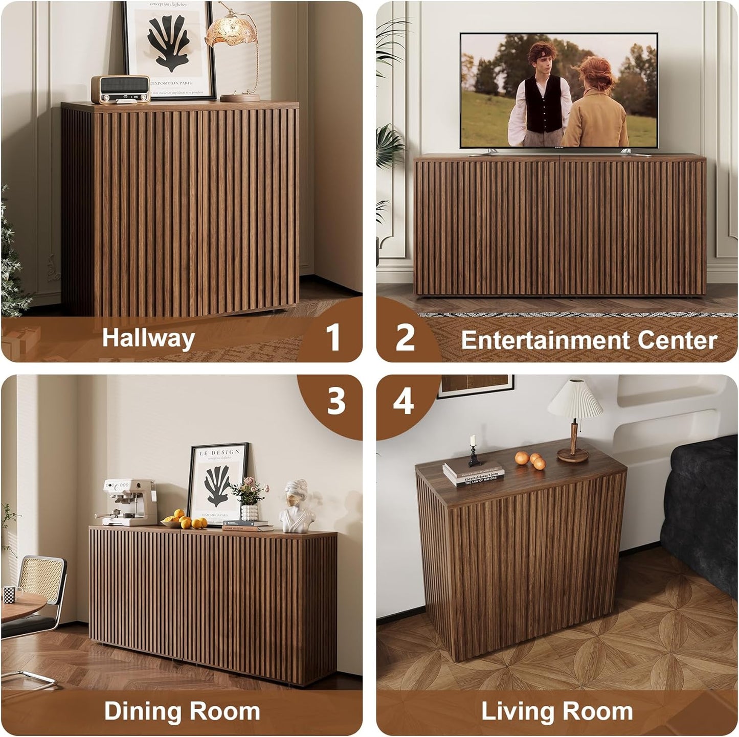 Fluted Sideboard Cabinet, Buffet Cabinet with Storage, Credenza Storage Cabinets with Adjustable Shelf, Wood Entryway Cabinets with Pop-Up Doors for Living Room, Entryway, Hallway, Walnut