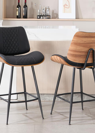 Set of 2 Modern Counter Height Barstools, 26.9" Armless Design with Metal Legs, Walnut Finish, PU Leather Bentwood Chairs for Home Counter, Kitchen Island, and Cafe (Black)